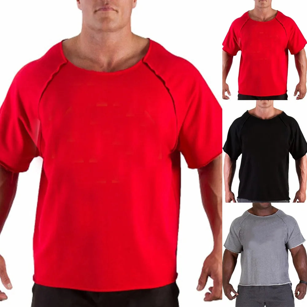 Men'S Cotton Casual T Shirts Fitness Men Bodybuilding Shirt Batwing Sleeve Rag Shirt Gym Wear Muscle Running T-Shirt round Neck